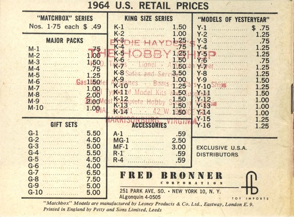 Matchbox Lesney 1964 catalog back page