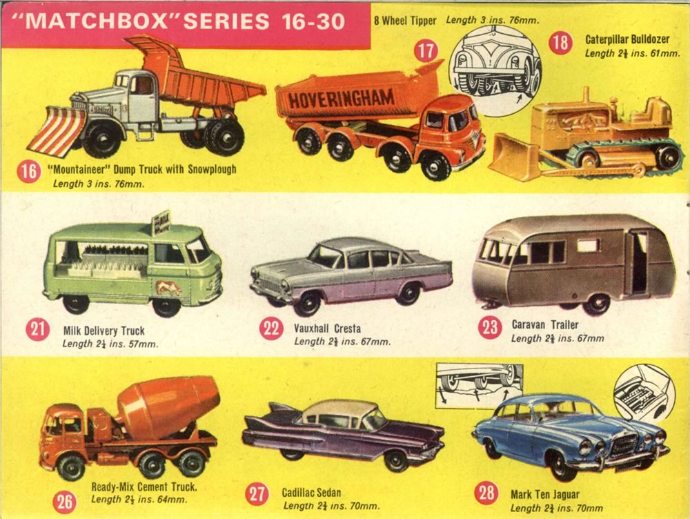 Matchbox Lesney 1964 catalog regular wheels 16, 17, 18, 21, 22, 23, 26, 27, 28