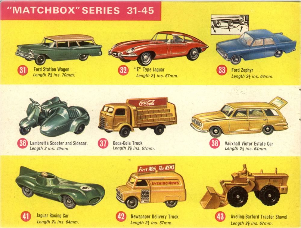 Matchbox Lesney 1964 catalog regular wheels 31, 32, 33, 36, 37, 38, 41, 42, 43