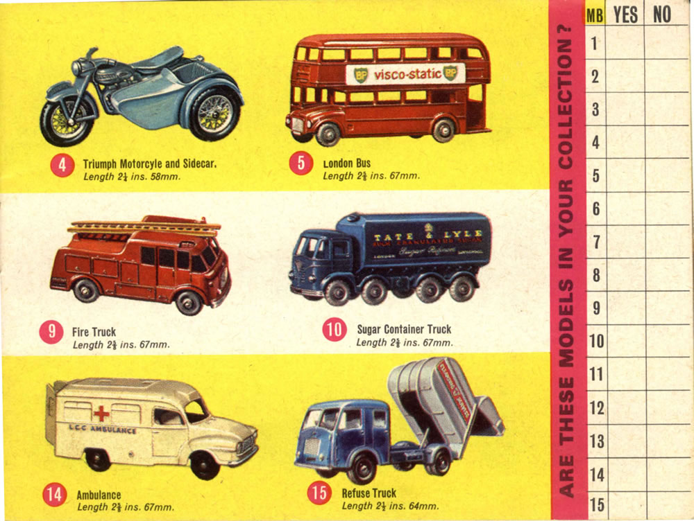 Matchbox Lesney 1964 catalog regular wheels 4, 5, 9, 10, 14, 15