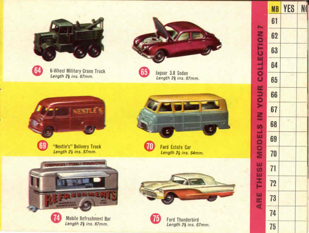 Matchbox Lesney 1964 catalog regular wheels 64, 65, 69, 70, 74, 75