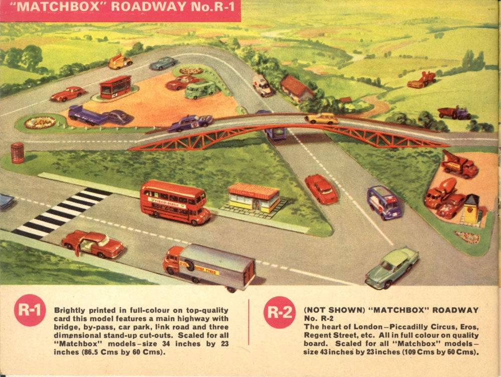 Matchbox Lesney 1965 catalog Roadway R-1 Main highway with bridge, by-pass, car park and link roads