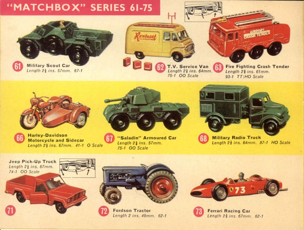 Matchbox Lesney 1965 catalog regular wheels 1-75 series numbers 61-73