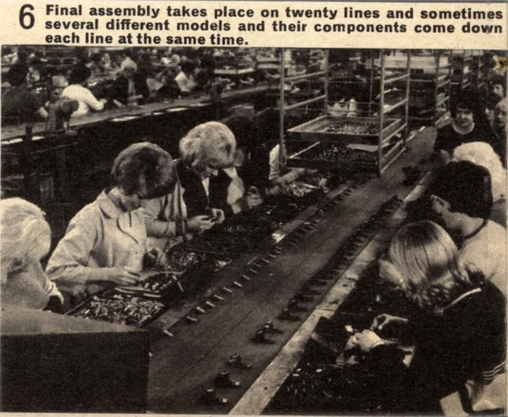 Matchbox Lesney 1966 catalog page 16 photo of final assembly at factory
