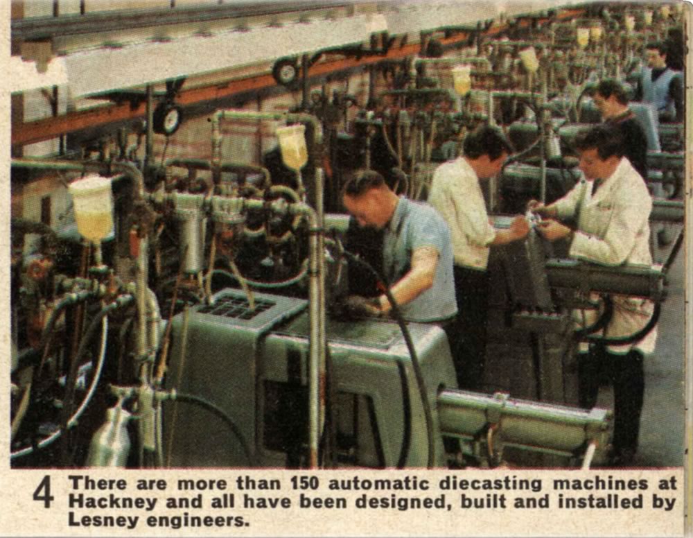 Matchbox Lesney 1966 catalog page 17 photo of automatic diecasting machines at factory