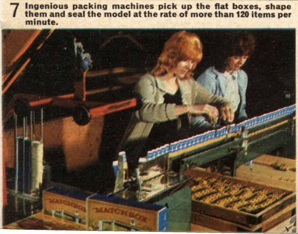 Matchbox Lesney 1966 catalog page 17 photo of packing machines at factory