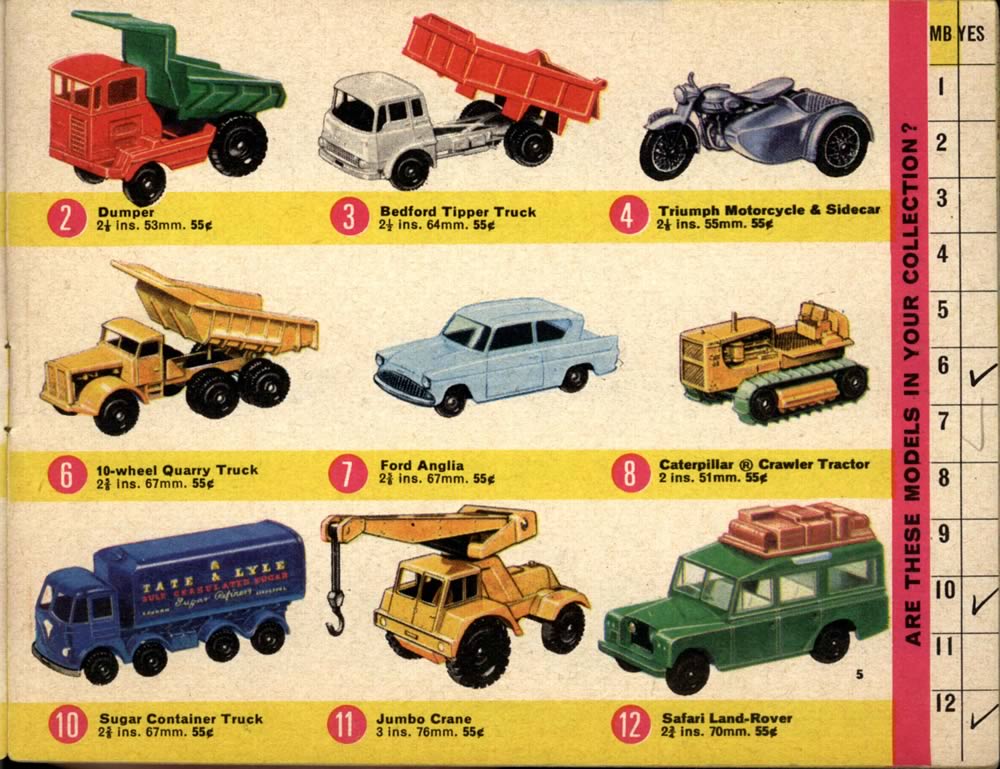Matchbox Lesney 1966 catalog regular wheel, 2 Dumper, 3 Bedford Tipper Truck, 4 Triumph Motorcycle & Sidcar, 6 10-wheel Quarry Truck, 7 Ford Anglia, 8 Caterpillar Crawler Tractor, 10 Sugar Container Truck, 11 Jumbo Crane & 12 Safari Land-Rover
