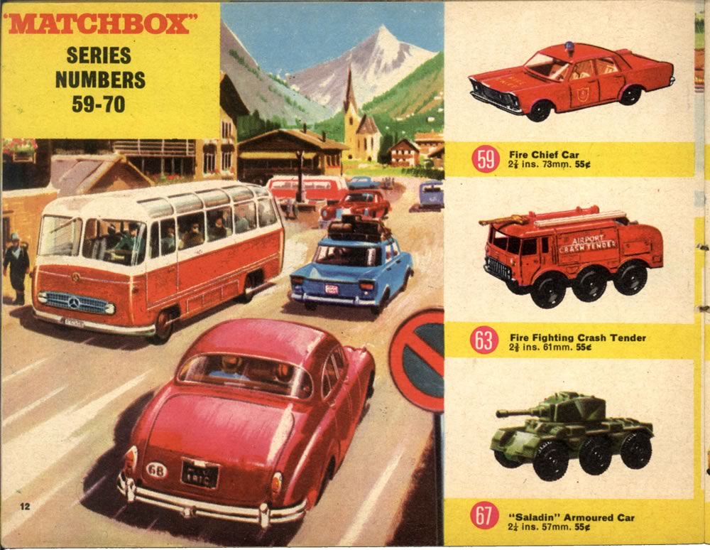 Matchbox Lesney 1966 catalog regular wheel, 59 Fire Chief Car, 63 Fire Fighting Crash ender & 67 "Saladin" Armoured Car