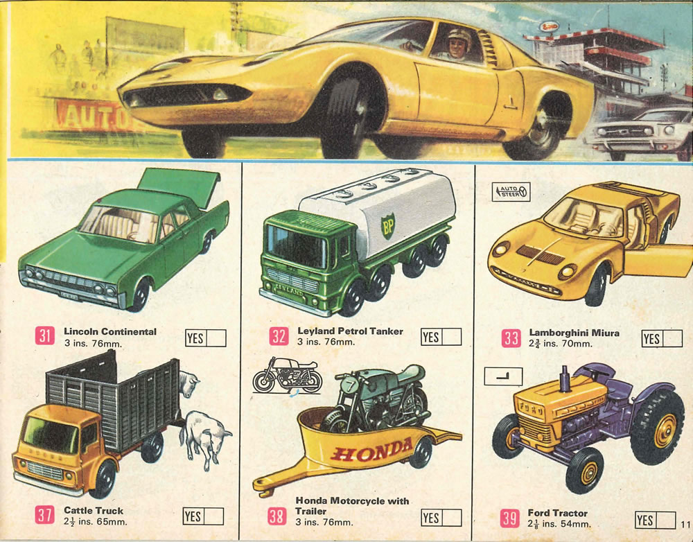Matchbox Lesney 1969 catalog Page 11, Matchbox regular wheels 31: Lincoln Continental; 32: Leyland Petrol Tanker; 33: Lamborghini Miura 37: Cattle Truck; 38: Honda Motorcycle with Trailer; 39: Ford Tractor