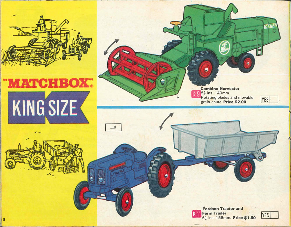 Matchbox Lesney 1969 catalog Page 26, Matchbox King Size K-9 Combine Harvester; K-11 Fordson Tractor and Farm Trailer