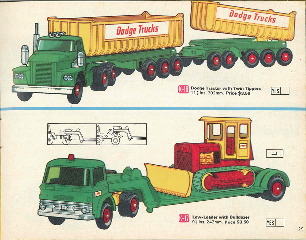 Matchbox Lesney 1969 catalog Page 29, Matchbox King Size K-16 Dodge Tracktor with Twin Tippers