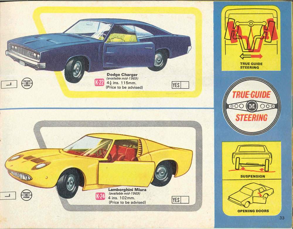 Matchbox Lesney 1969 catalog Page 33, Matchbox King Size K-22 Dodge Charger; K-24 Lamborghini Miura