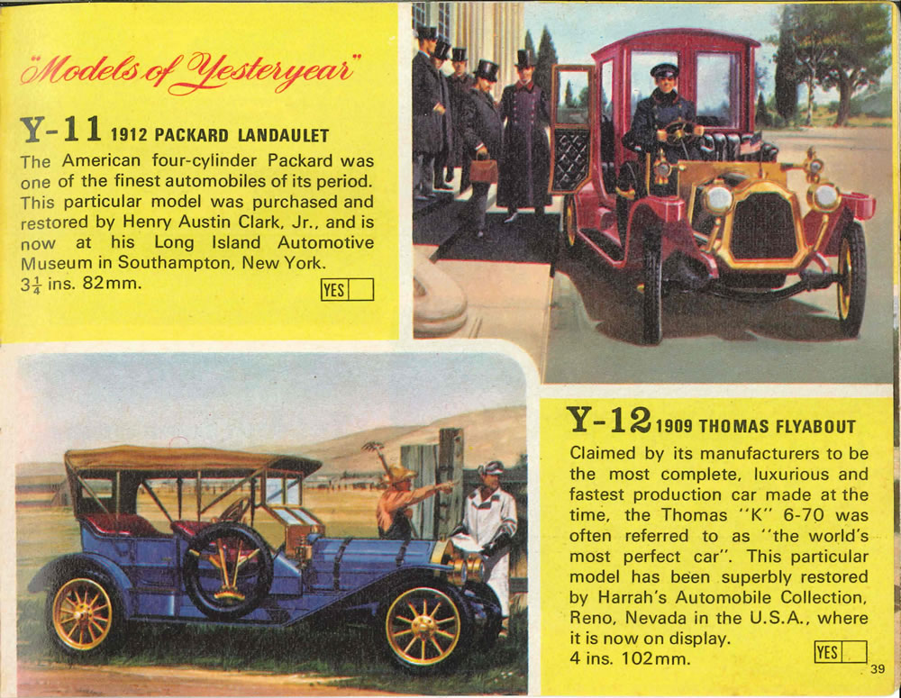 Matchbox Lesney 1969 catalog Page 39, Matchbox Yesteryears Y-11 1912 Packard Landaulet; Y-12 1901 Thomas Flyabout