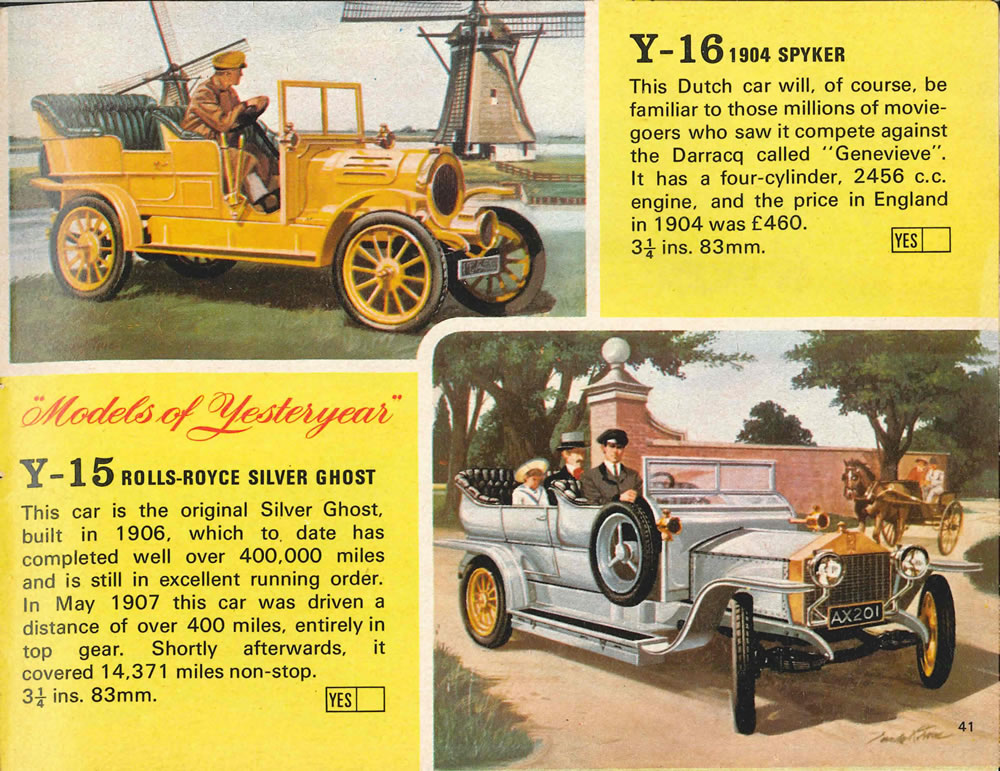Matchbox Lesney 1969 catalog Page 41, Matchbox Yesteryears Y-15 Rolls-Royce Silver Ghost; Y-16 1904 Spyker